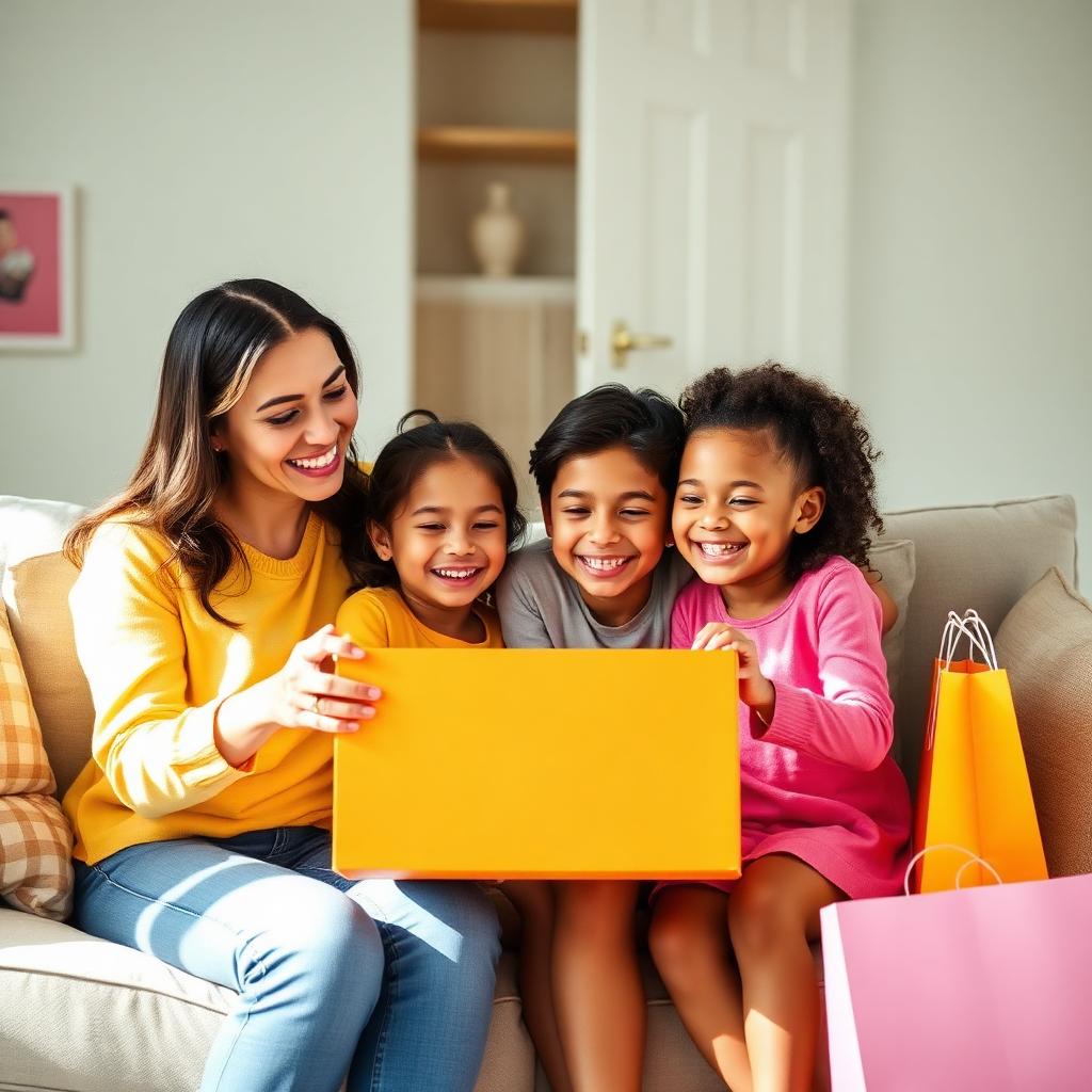 Família feliz com sacolas de compras
